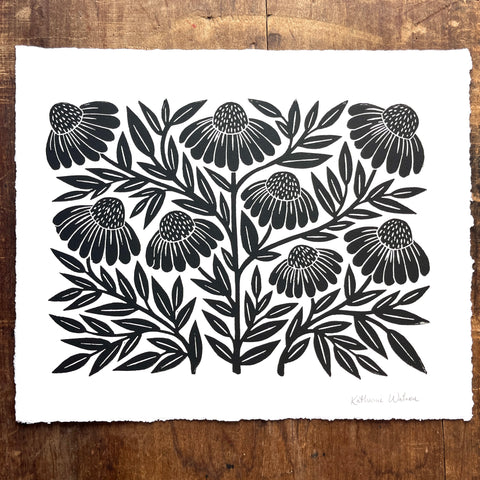 Hand Block Printed Echinacea Art Print - No. 5101
