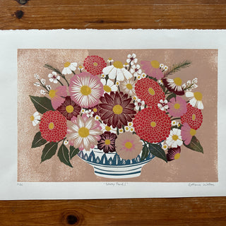 Hand Block Printed "Tabletop Floral I" Reduction Print - No. 21