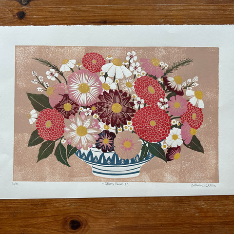 Hand Block Printed "Tabletop Floral I" Reduction Print - No. 20