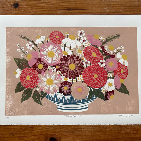 Hand Block Printed "Tabletop Floral I" Reduction Print - No. 19
