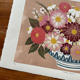 Hand Block Printed "Tabletop Floral I" Reduction Print - No. 19