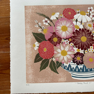 Hand Block Printed "Tabletop Floral I" Reduction Print - No. 18