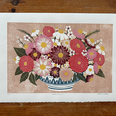 Hand Block Printed "Tabletop Floral I" Reduction Print - No. 16