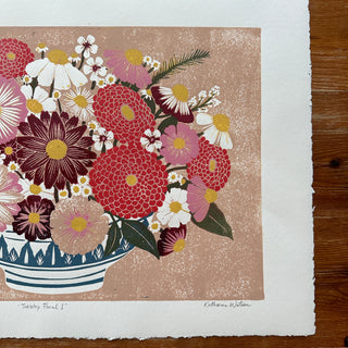 Hand Block Printed "Tabletop Floral I" Reduction Print - No. 16