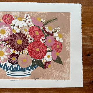 Hand Block Printed "Tabletop Floral I" Reduction Print - No. 15