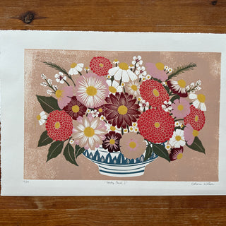 Hand Block Printed "Tabletop Floral I" Reduction Print - No. 14