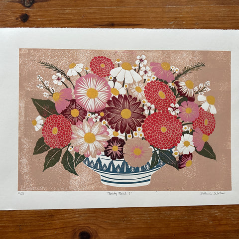 Hand Block Printed "Tabletop Floral I" Reduction Print - No. 12