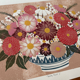 Hand Block Printed "Tabletop Floral I" Reduction Print - No. 12