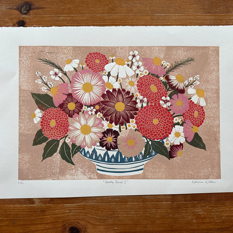 Hand Block Printed "Tabletop Floral I" Reduction Print - No. 11