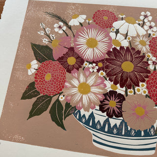 Hand Block Printed "Tabletop Floral I" Reduction Print - No. 9