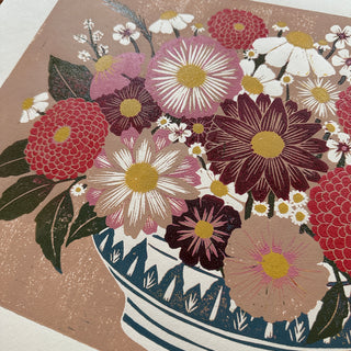 Hand Block Printed "Tabletop Floral I" Reduction Print - No. 8