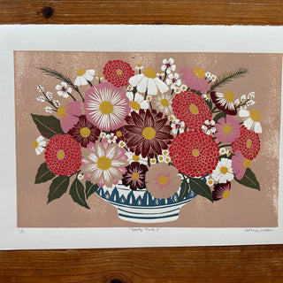 Hand Block Printed "Tabletop Floral I" Reduction Print - No. 7