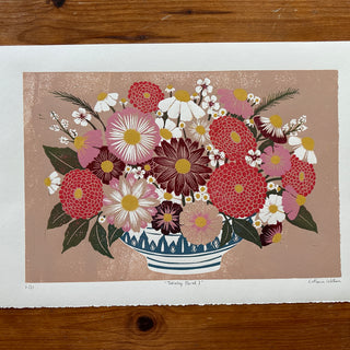 Hand Block Printed "Tabletop Floral I" Reduction Print - No. 6