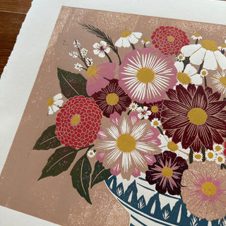 Hand Block Printed "Tabletop Floral I" Reduction Print - No. 6