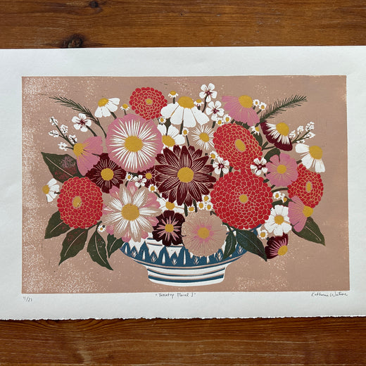 Hand Block Printed "Tabletop Floral I" Reduction Print - No. 4