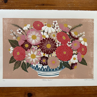 Hand Block Printed "Tabletop Floral I" Reduction Print - No. 2