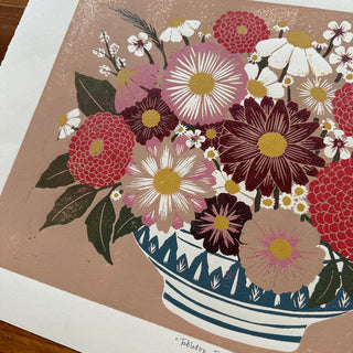 Hand Block Printed "Tabletop Floral I" Reduction Print - No. 2