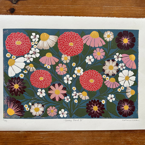 Hand Block Printed "Tabletop Floral II" Reduction Print - No. 14