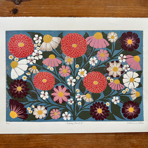 Hand Block Printed "Tabletop Floral II" Reduction Print - No. 13