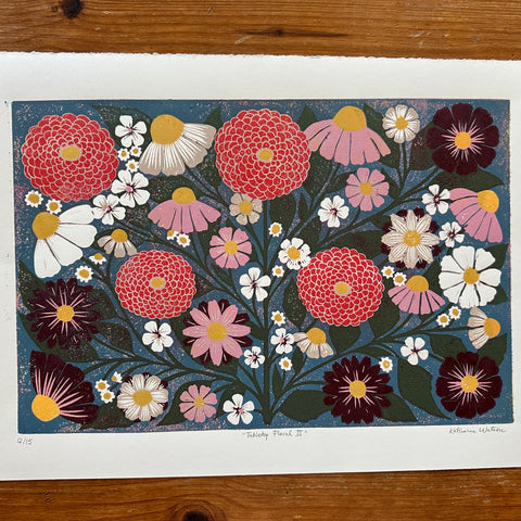 Hand Block Printed "Tabletop Floral II" Reduction Print - No. 12