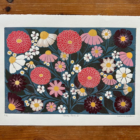 Hand Block Printed "Tabletop Floral II" Reduction Print - No. 8
