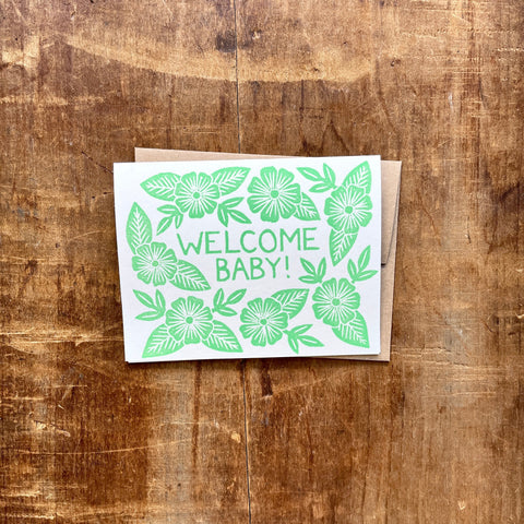 "Welcome Baby," Block Printed Greeting Cards
