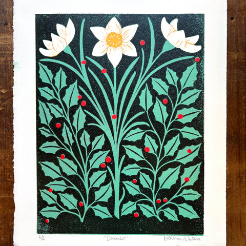 December Birth Month Flower Original Reduction Print - No. 6
