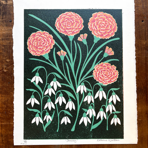 January Birth Month Flower Original Reduction Print - No. 6