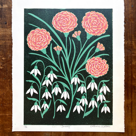 January Birth Month Flower Original Reduction Print - No. 5