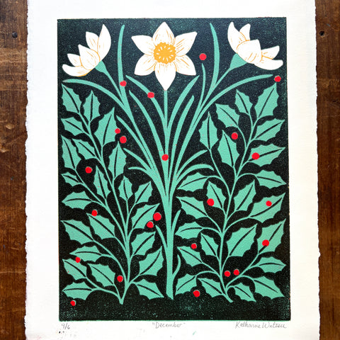 December Birth Month Flower Original Reduction Print - No. 4
