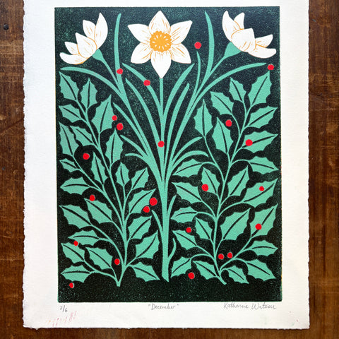 December Birth Month Flower Original Reduction Print - No. 2