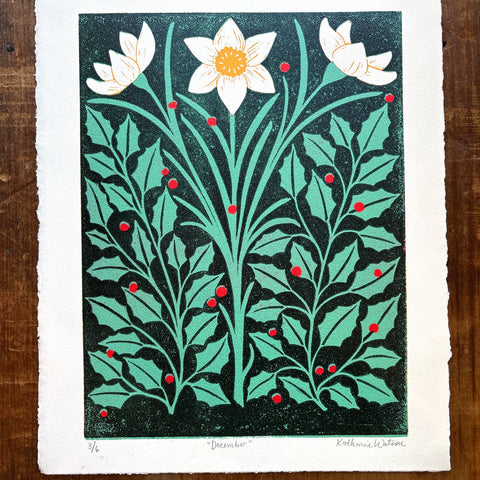 December Birth Month Flower Original Reduction Print - No. 3