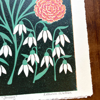 January Birth Month Flower Original Reduction Print - No. 4
