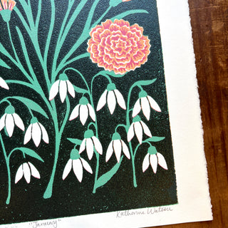 January Birth Month Flower Original Reduction Print - No. 5