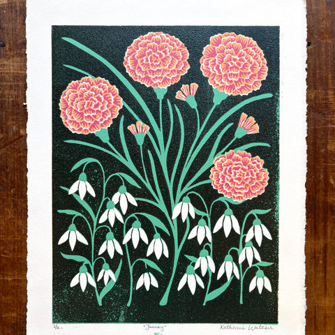 January Birth Month Flower Original Reduction Print - No. 2