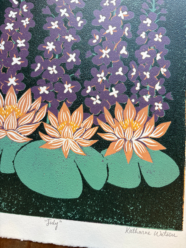 july flower of the month water lily July Birth Month Flower Original Reduction Print