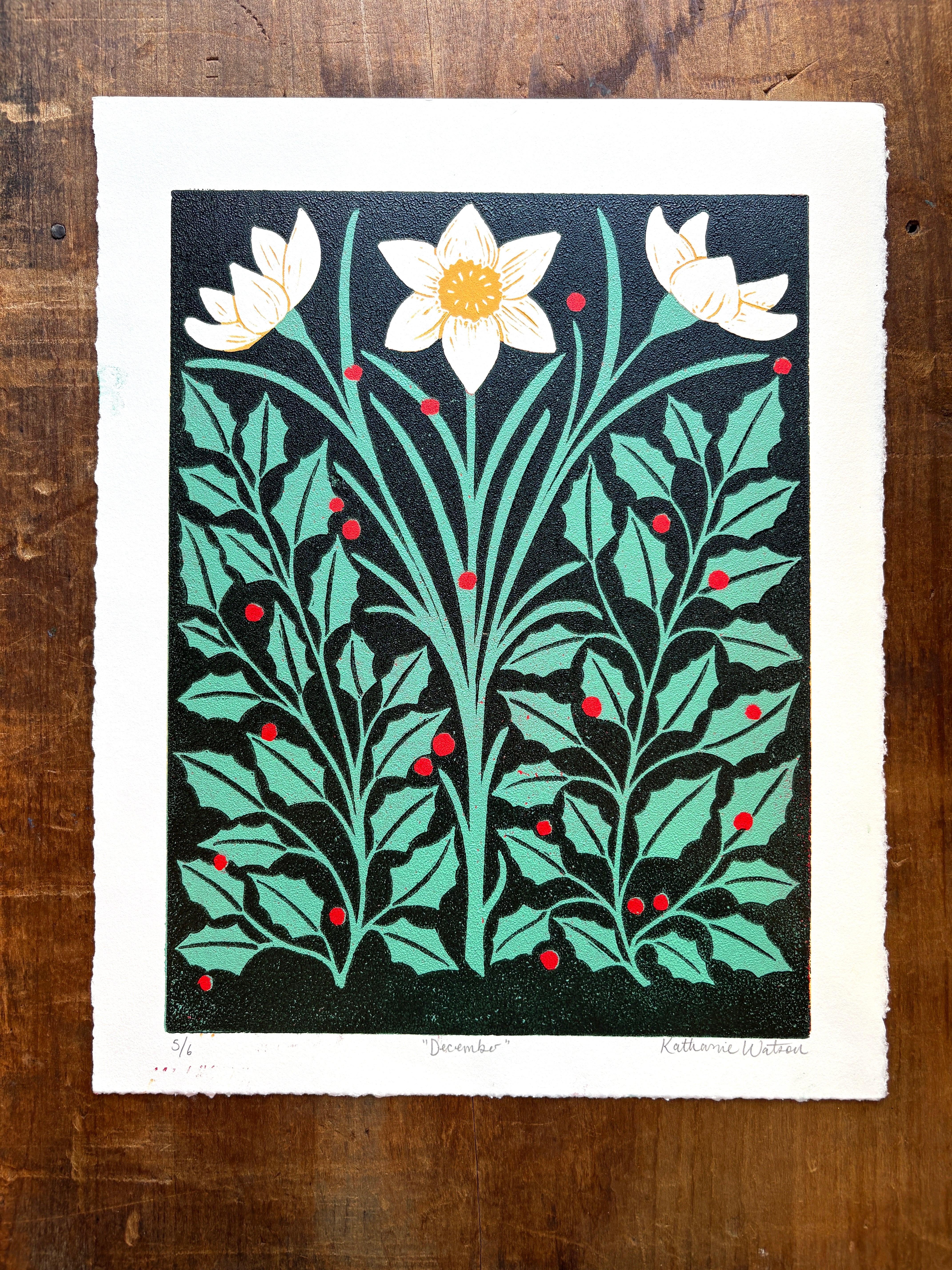 December Birth Month Flower Original Reduction Print - No. 5