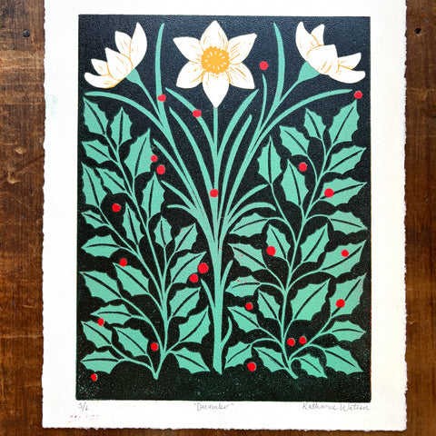 December Birth Month Flower Original Reduction Print - No. 5