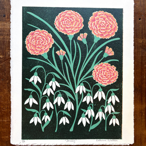 January Birth Month Flower Original Reduction Print - No. 4