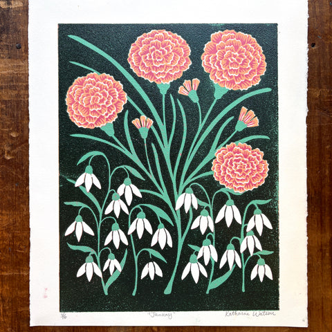 January Birth Month Flower Original Reduction Print - No. 3