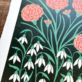 January Birth Month Flower Original Reduction Print - No. 5