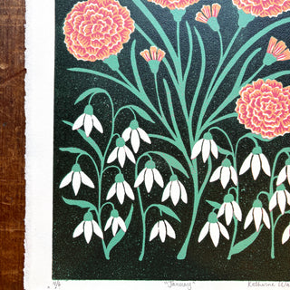 January Birth Month Flower Original Reduction Print - No. 4