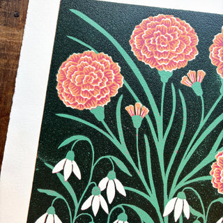 January Birth Month Flower Original Reduction Print - No. 3