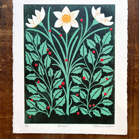 December Birth Month Flower Original Reduction Print - No. 1
