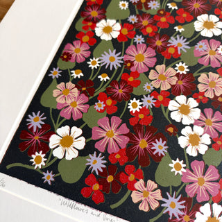 Hand Block Printed "Wildflowers and Vines" Reduction Print
