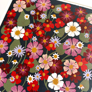 Hand Block Printed "Wildflowers and Vines" Reduction Print
