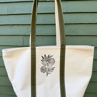 Hand Block Printed L.L. Bean Boat & Tote, Antique Olive No. 5