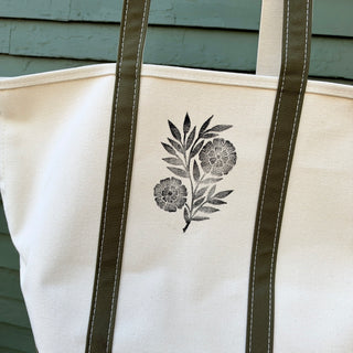 Hand Block Printed L.L. Bean Boat & Tote, Antique Olive No. 5
