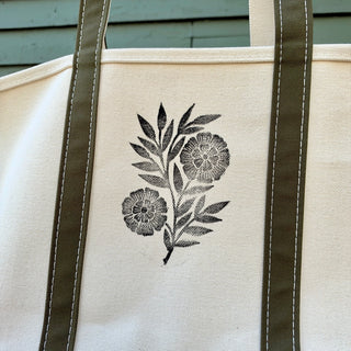 Hand Block Printed L.L. Bean Boat & Tote, Antique Olive No. 5