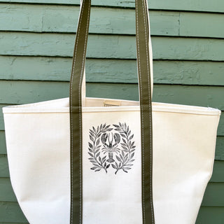 Hand Block Printed L.L. Bean Boat & Tote, Antique Olive No. 11